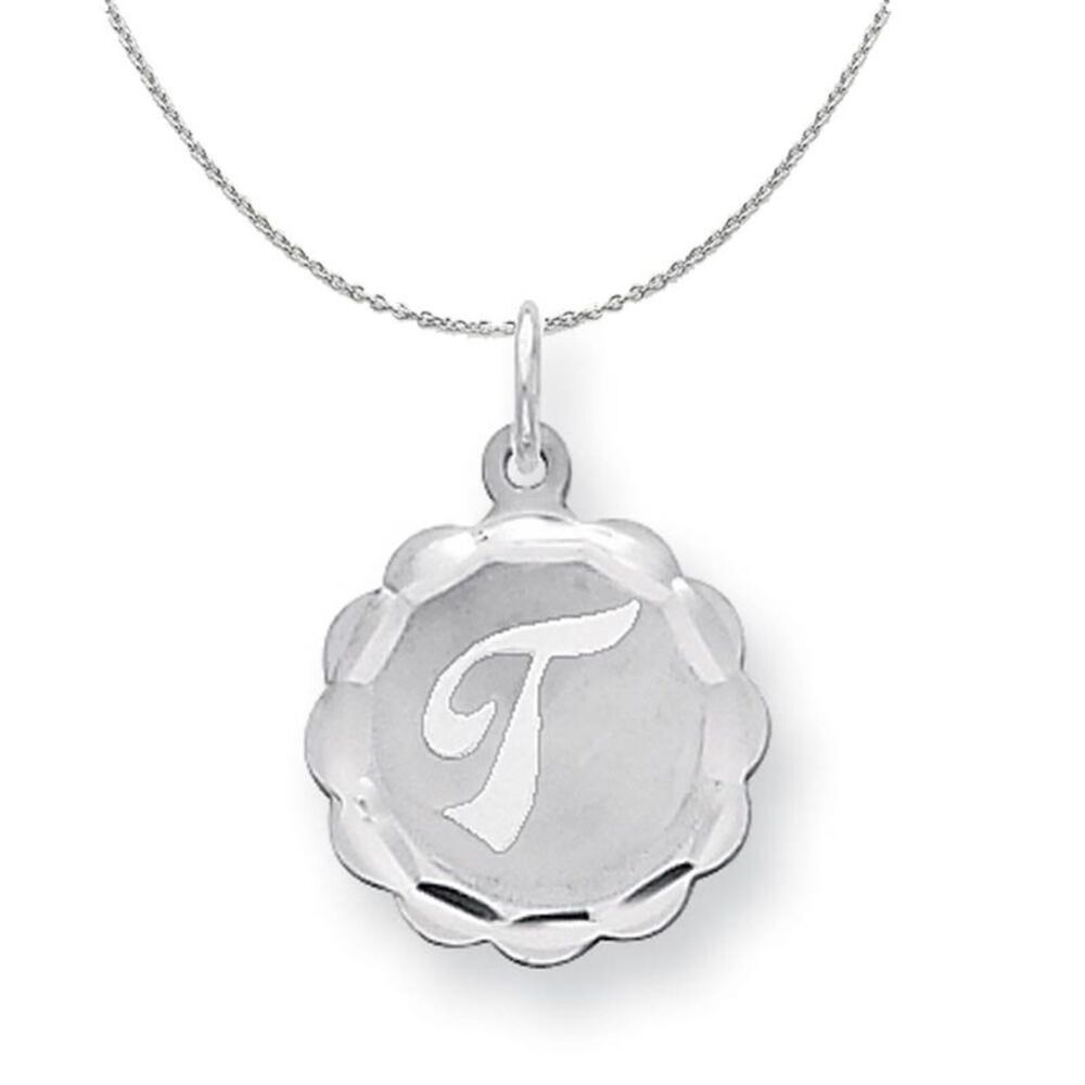 Silver, Sarah Collection 15mm Brocaded Disc Initial T Necklace - 24 In